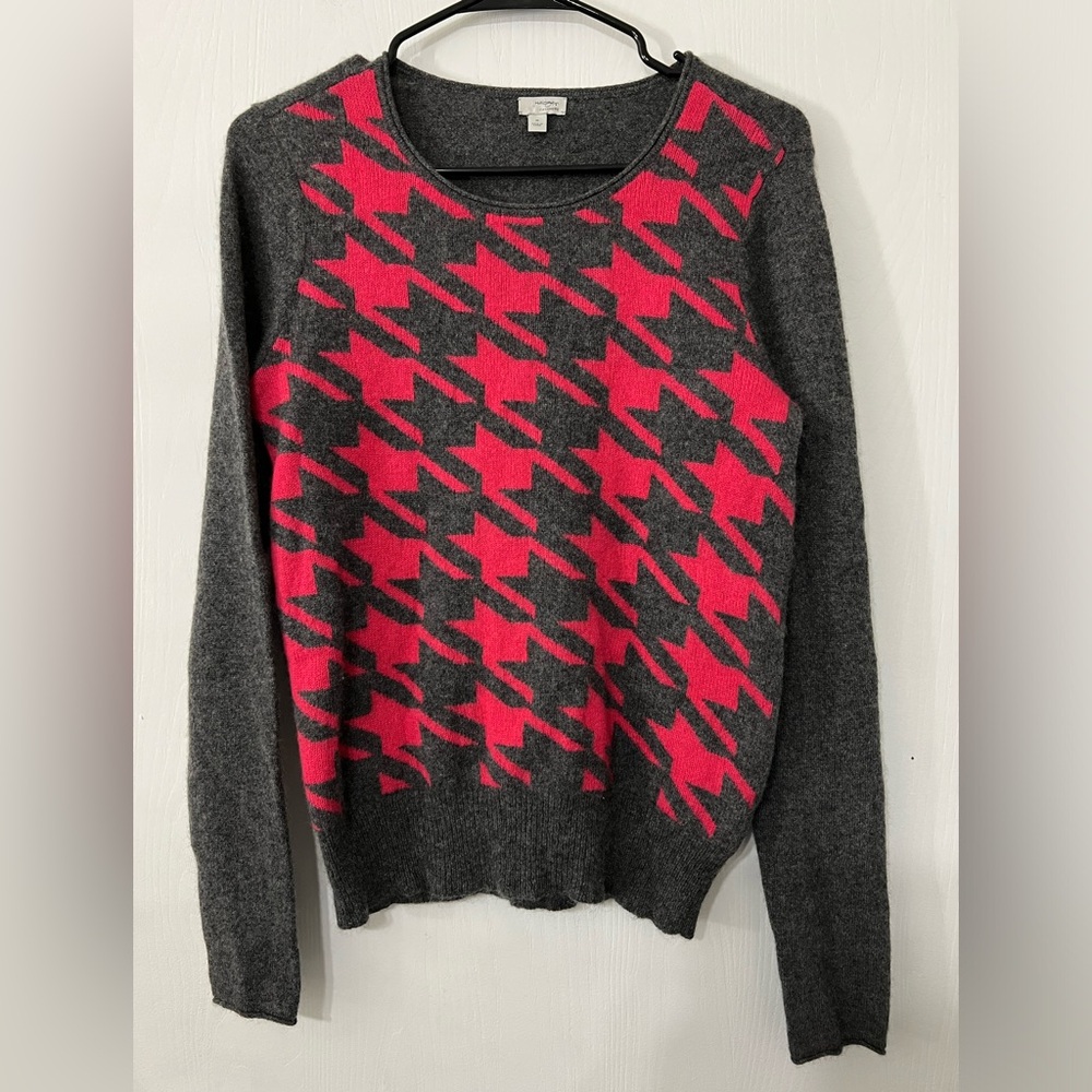 Halogen 100% Cashmere Sweater Gray & Pink Houndstooth Women's Medium - Picture 10 of 10